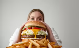 a girl holding a hamburger in front of her face with fries