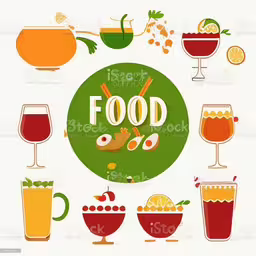 a set of flat design style icons for food,various food items and drinks are on the table,many different drinks in glasses and pitchers royalty photo,the various types of drinks and fruits that can be ordered to eat,various types of food with a green background