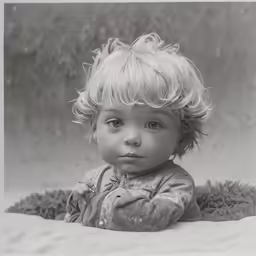 a very cute small child in a black and white photo