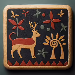 a painted deer and sun with some trees