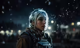 a woman with camera looks on while the city is lit up