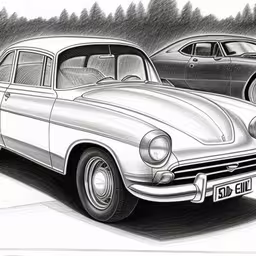 two cars parked next to each other in front of trees,two old cars, one is white and the other is black and silver