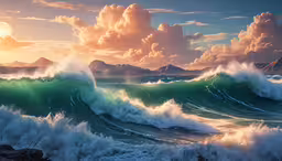 a painting of a crashing wave during sunset,the sun is shining in an overcast sky over some large ocean waves