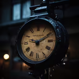 an old fashioned clock in the rain at night