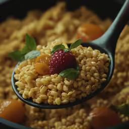 a spoon full of a grain with some berries on top