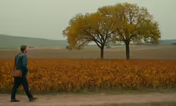 two people walking down a dirt road in front of a field