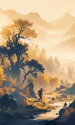 a man is fishing in the misty woods