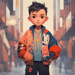 the animation character is dressed in an orange and black jacket