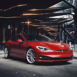 red electric car sitting in the middle of an empty parking garage