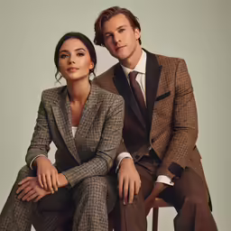 the man is posing with a young woman in a suit