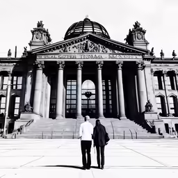 two people standing in front of an ornate building