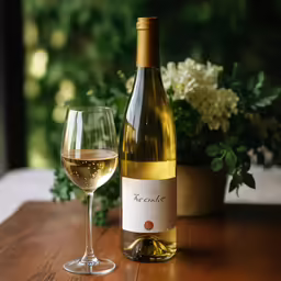 a bottle of wine and glass sitting on a table