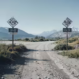 two road signs sitting on top of a dirt field