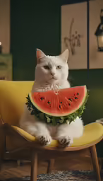 white cat with green trim and a watermelon slice sitting on the back of a chair
