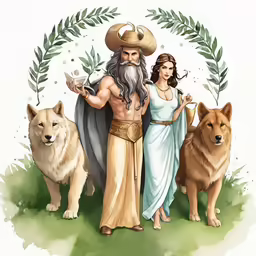 an image of two people and two dogs