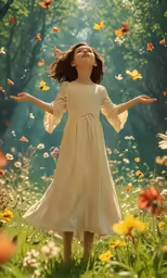 a little girl in a field with butterflies