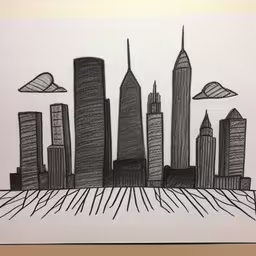 a drawing of some very tall buildings,a drawing is shown of the skyline of a city