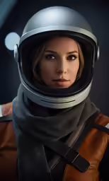 a young woman wearing a space helmet and scarf