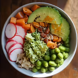 a bowl with grapes, cucumber, peas, carrots and avocado