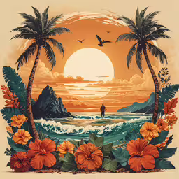 an art deco painting of tropical scenery with a man in a boat,the illustration depicts tropical flowers, palm trees, and a beach with a surfer in the middle of it