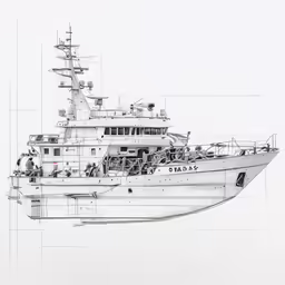a white and black drawing of a boat on water