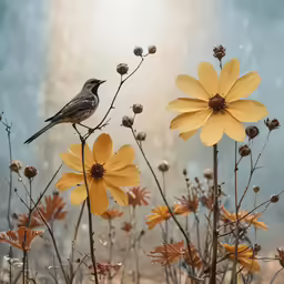 a bird sitting on a yellow flower in a field