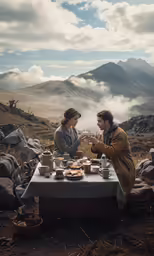 two people sharing tea and pastry at the top of a mountain