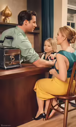 a man holding onto a little girl in front of a counter