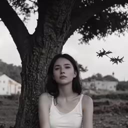 the young woman sits underneath a tree, while looking up