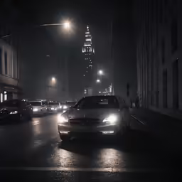 several cars driving down a street at night