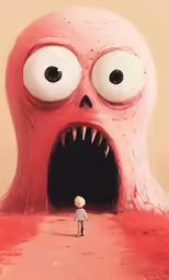 a little girl standing next to a red creature with large eyes