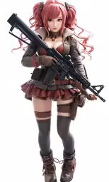 a woman holding an akt rifle and wearing all red hair