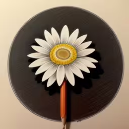 a pen resting next to a fake flower on top of a round table