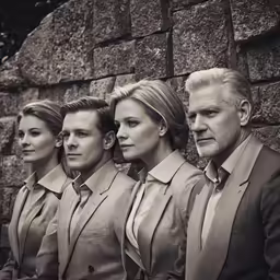 three men and a women in formal suits stand side by side against a stone wall