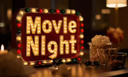 a sign that says movie night sitting on top of a table