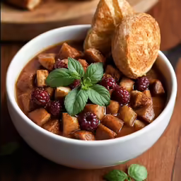 a bowl filled with fruit and bread on top of a table