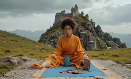 a person is sitting in the grass on a blanket