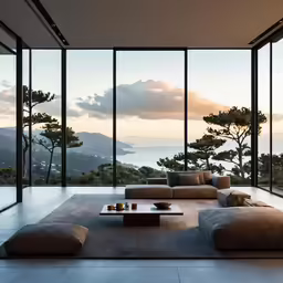 a living room filled with furniture and large windows