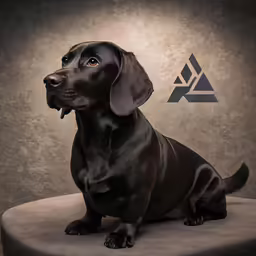 a brown dog sits in front of a grey background