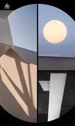 an overpass with a sun coming out the middle and shadows from other buildings