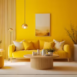 the bright yellow living room is ready for someone to relax