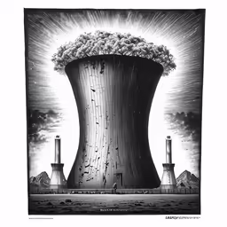black and white painting of a cooling plant