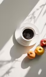 there is a small cup of coffee next to a couple of apples
