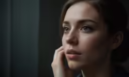 the woman has a hand on her cheek