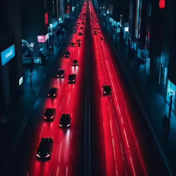 a long stretch of red lighting in the middle of a road