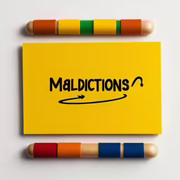 a yellow envelope with the words malictions on it next to two colored pencils