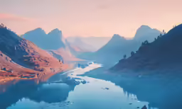 an aerial view of water surrounded by mountain peaks
