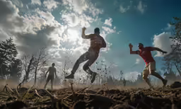two guys running in the dirt with grass and trees