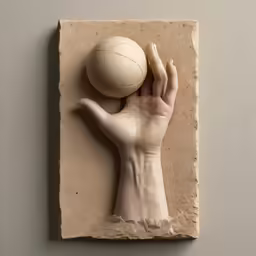 a hand holding an object on top of a stone block