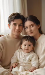 there is a man and a woman sitting with a baby on a bed